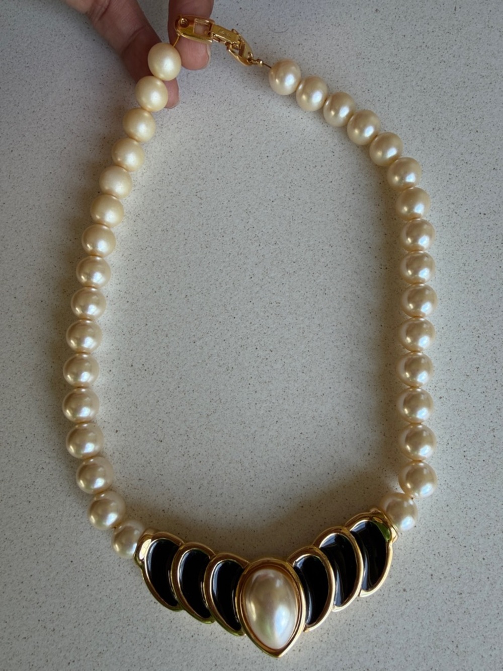 Vintage Napier Cream Pearl Necklace with Black Enamel and Gold Accents